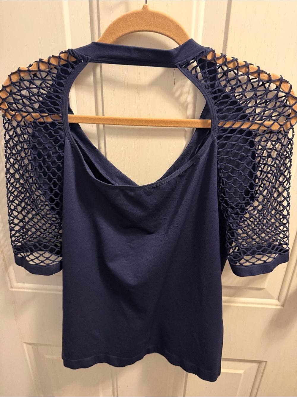 VENUS Navy V-Neck Top with Open Mesh Short Sleeves - Picture 2 of 2